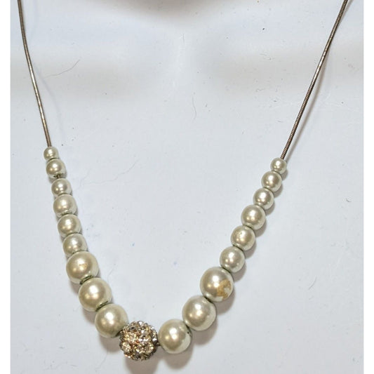 Vintage Faux Pearl Necklace Cream Rhinestone Accent Wedding Glam Costume Jewelry Elegant