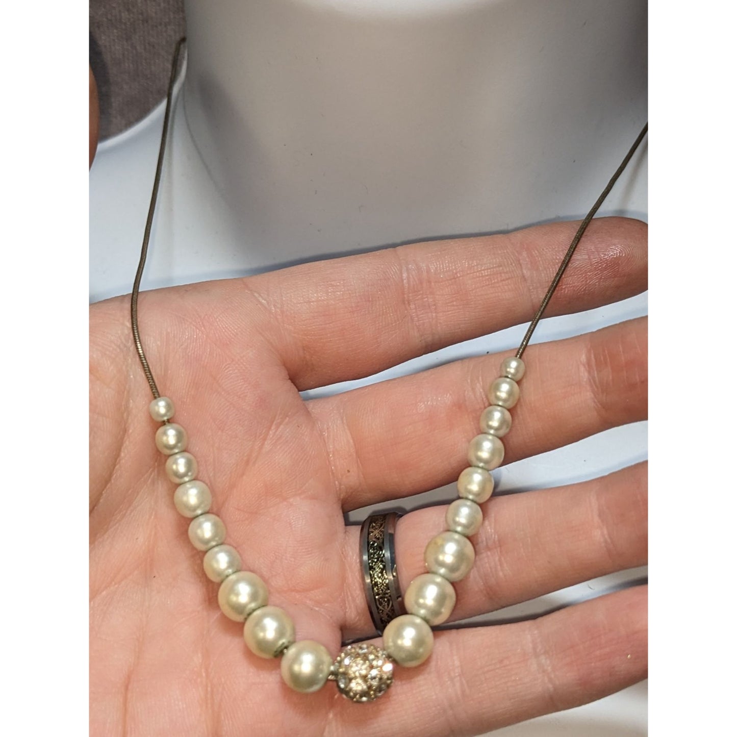 Vintage Faux Pearl Necklace Cream Rhinestone Accent Wedding Glam Costume Jewelry Elegant