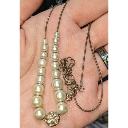 Vintage Faux Pearl Necklace Cream Rhinestone Accent Wedding Glam Costume Jewelry Elegant