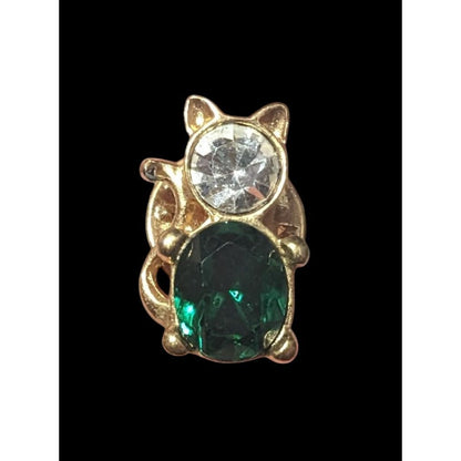 Vintage Green And Gold Tone Gemmed Cat Lapel Pin