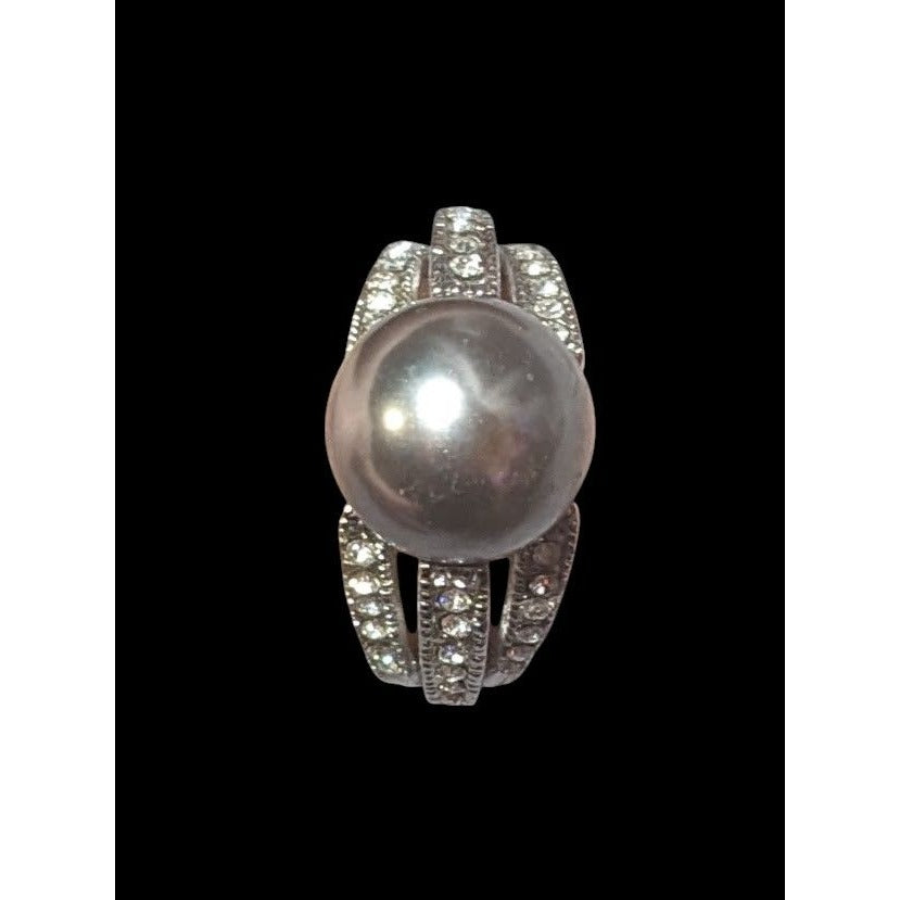 Elegant Glam 18K Gold Filled Silver Tone Pearl And Gem Ring Size 7