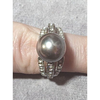 Elegant Glam 18K Gold Filled Silver Tone Pearl And Gem Ring Size 7