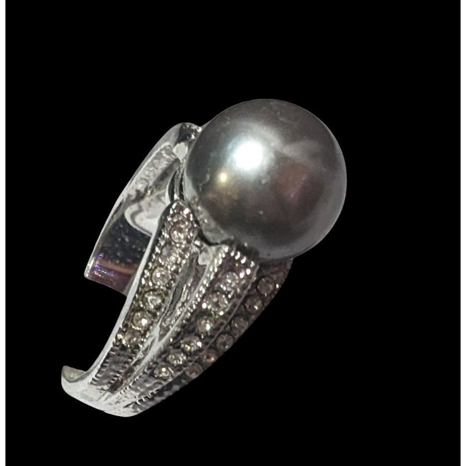 Elegant Glam 18K Gold Filled Silver Tone Pearl And Gem Ring Size 7