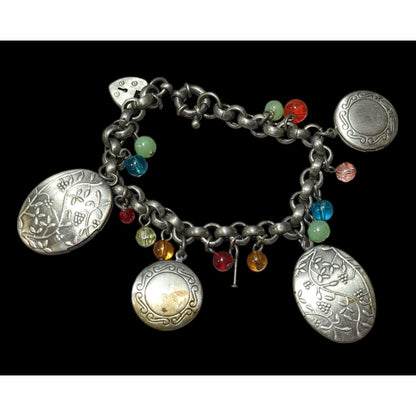 Rainbow Beaded Silver Tone Floral Locket Charm Bracelet