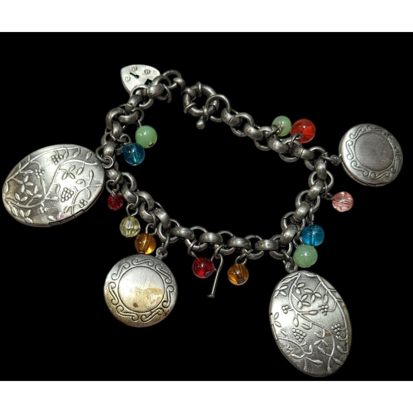 Rainbow Beaded Silver Tone Floral Locket Charm Bracelet