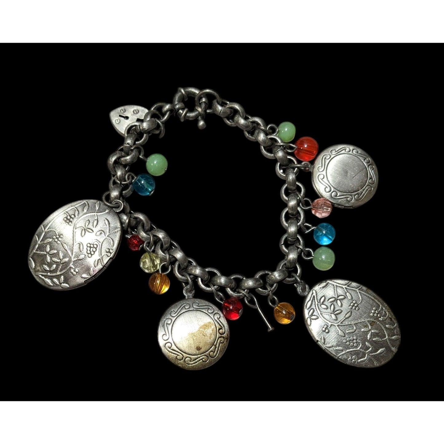 Rainbow Beaded Silver Tone Floral Locket Charm Bracelet