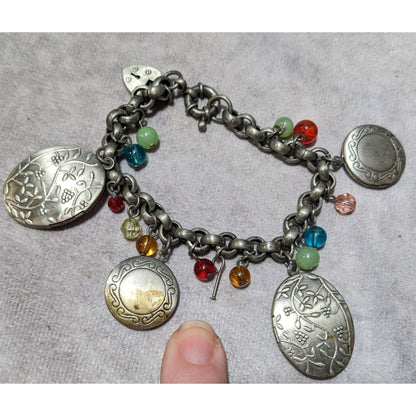 Rainbow Beaded Silver Tone Floral Locket Charm Bracelet