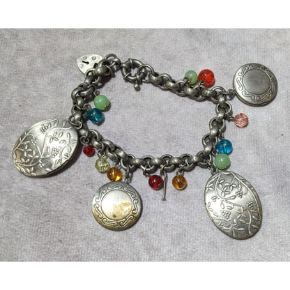 Rainbow Beaded Silver Tone Floral Locket Charm Bracelet