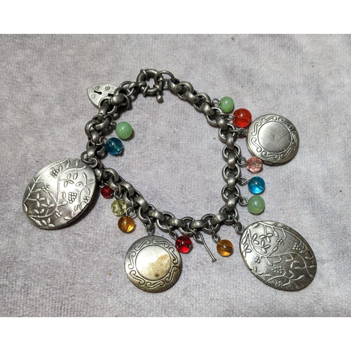 Rainbow Beaded Silver Tone Floral Locket Charm Bracelet