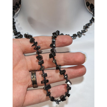 Gothic Hematite Chip Beaded Necklace Gunmetal Gray Stone Boho 22 Inch