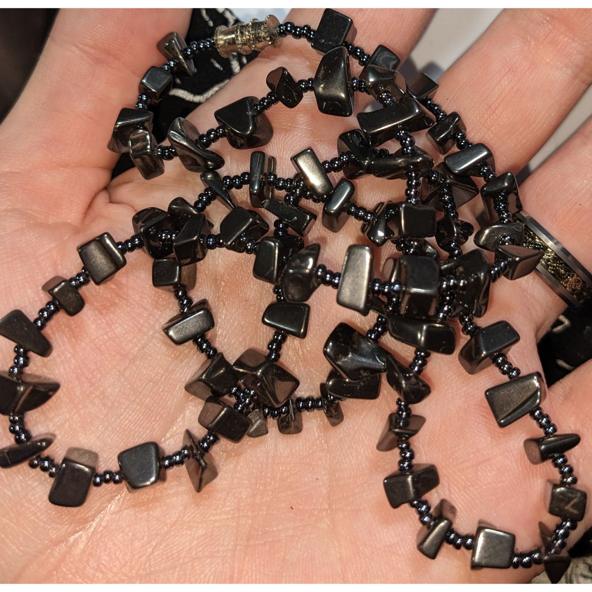 Gothic Hematite Chip Beaded Necklace Gunmetal Gray Stone Boho 22 Inch