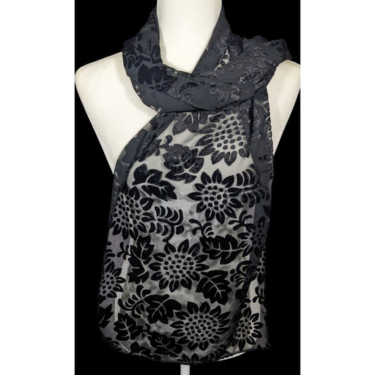 Gothic Floral Black  Velvet Burnout Scarf