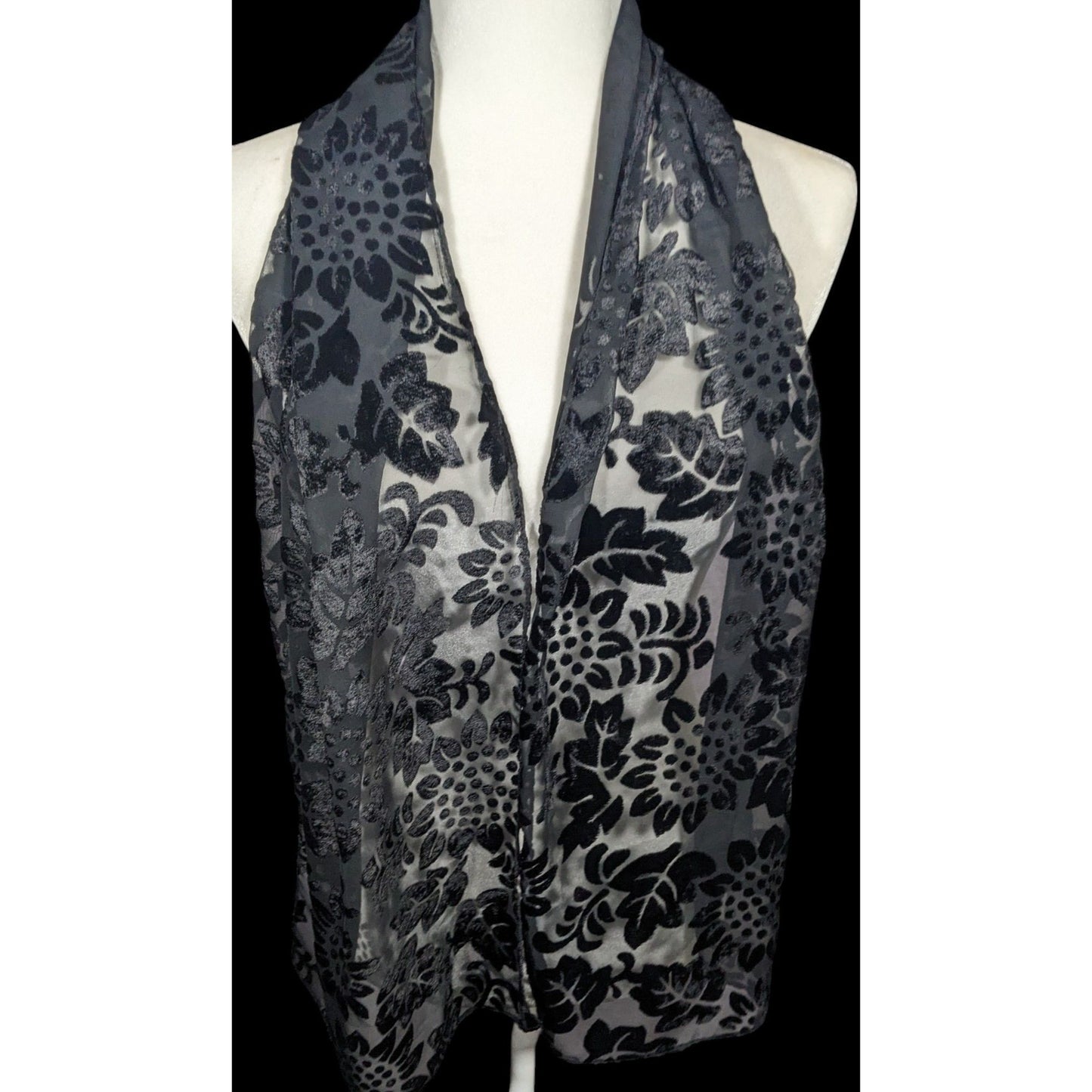 Gothic Floral Black  Velvet Burnout Scarf