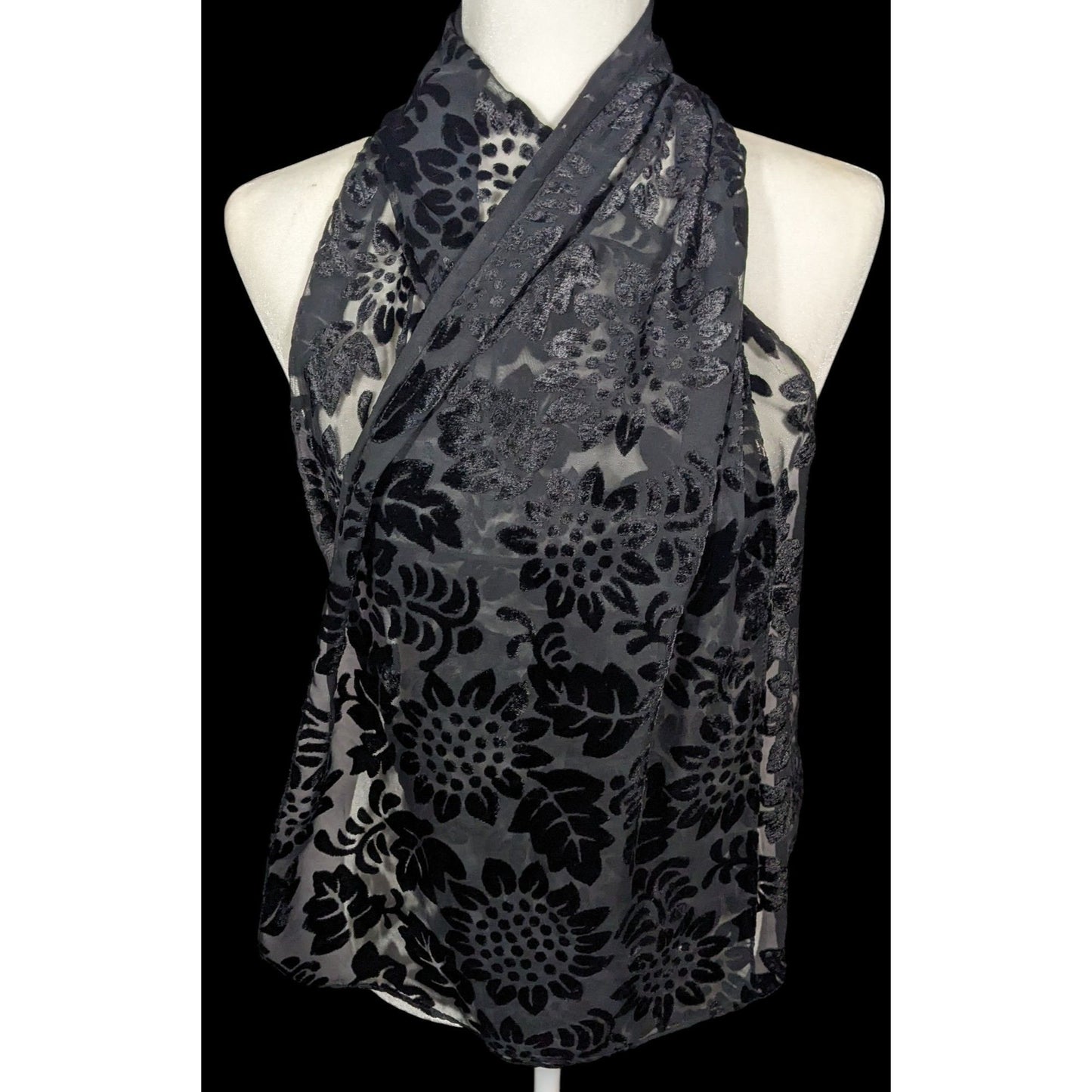 Gothic Floral Black  Velvet Burnout Scarf