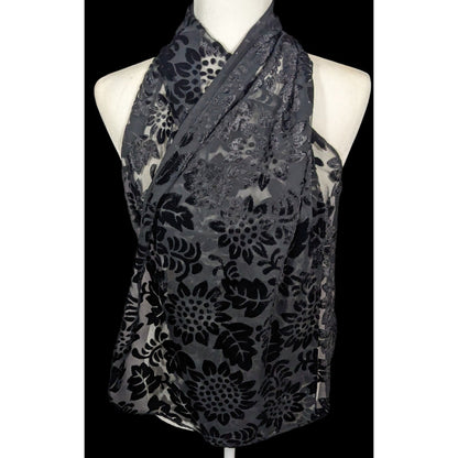 Gothic Floral Black  Velvet Burnout Scarf