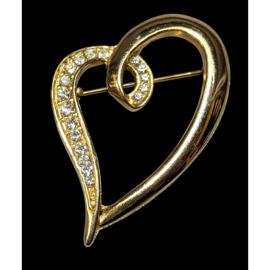 Vintage Gold Tone Rhinestone Inlay Open Heart Brooch