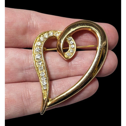 Vintage Gold Tone Rhinestone Inlay Open Heart Brooch