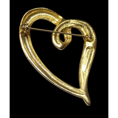 Vintage Gold Tone Rhinestone Inlay Open Heart Brooch