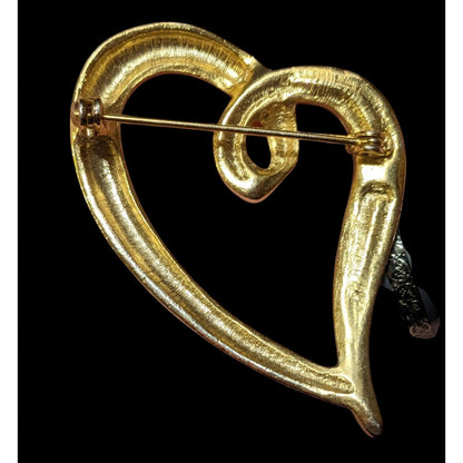 Vintage Gold Tone Rhinestone Inlay Open Heart Brooch