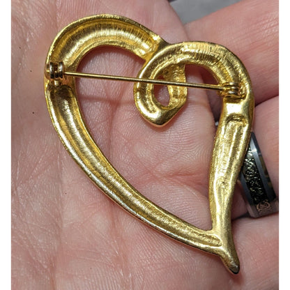 Vintage Gold Tone Rhinestone Inlay Open Heart Brooch