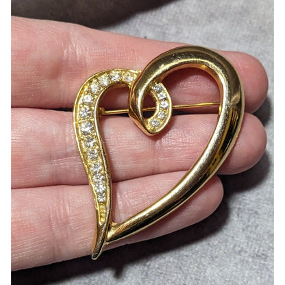 Vintage Gold Tone Rhinestone Inlay Open Heart Brooch