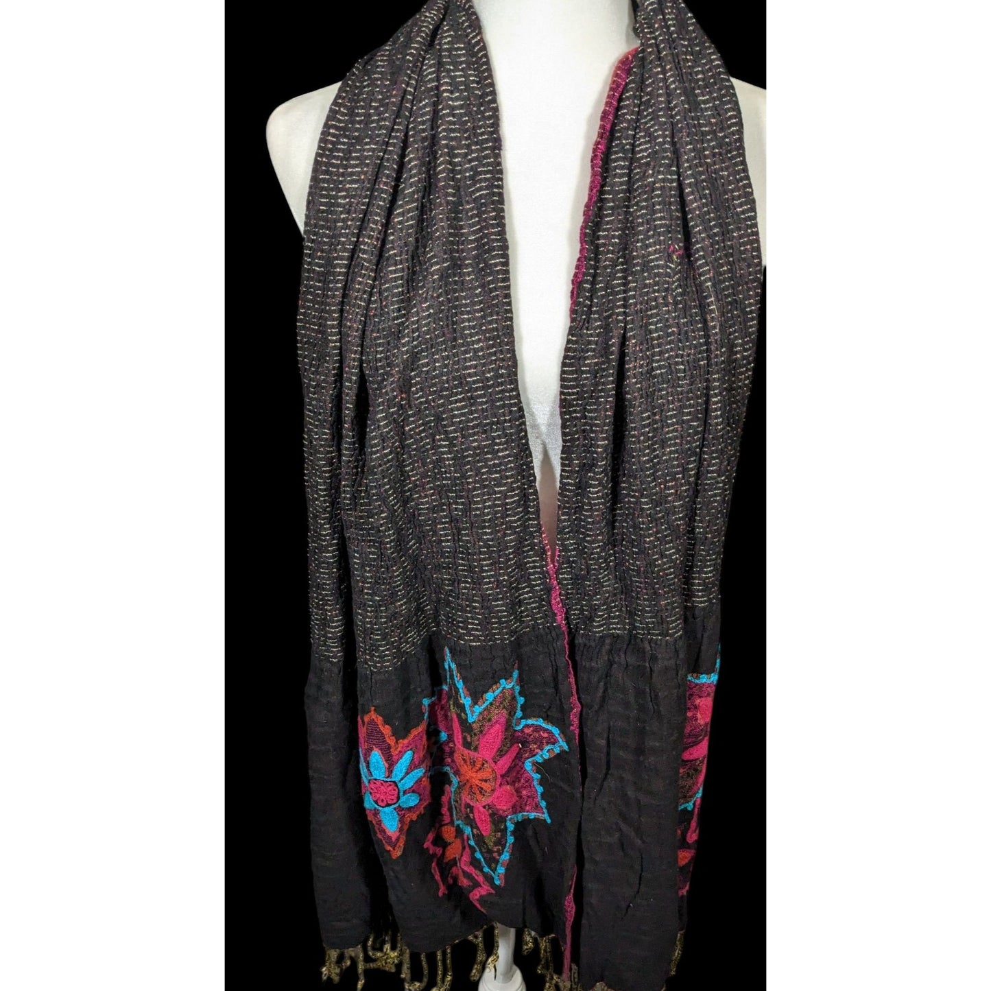 Vintage Bohemian Grey And Pink Floral Embroidered Scarf