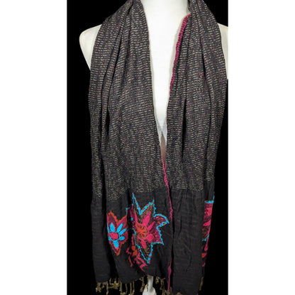 Vintage Bohemian Grey And Pink Floral Embroidered Scarf