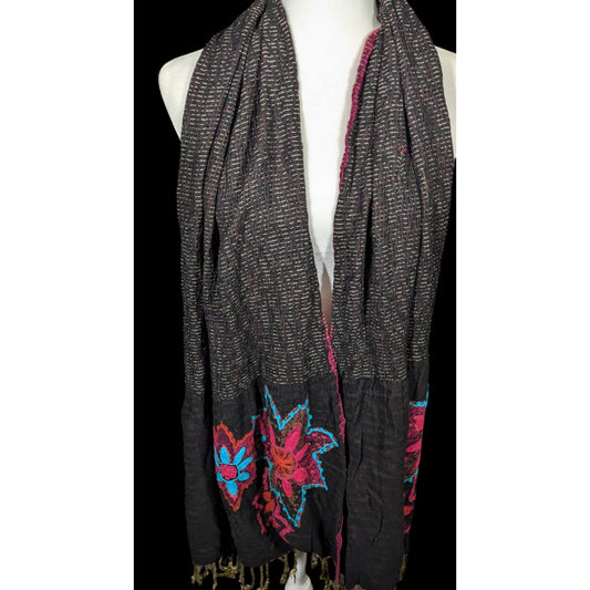 Vintage Bohemian Grey And Pink Floral Embroidered Scarf