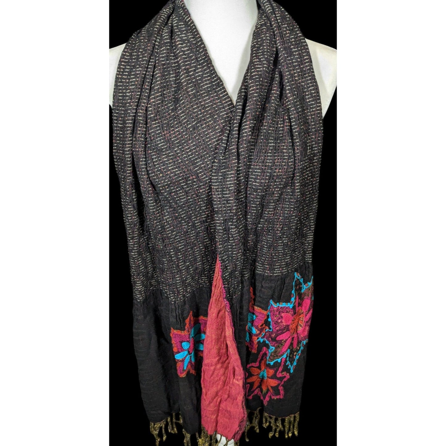 Vintage Bohemian Grey And Pink Floral Embroidered Scarf