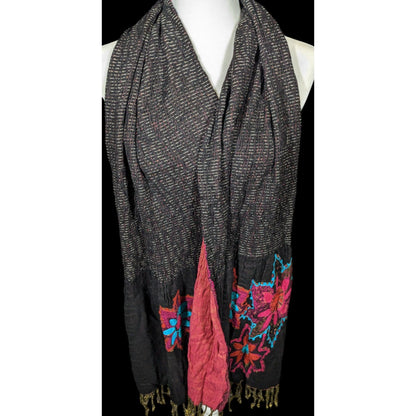 Vintage Bohemian Grey And Pink Floral Embroidered Scarf