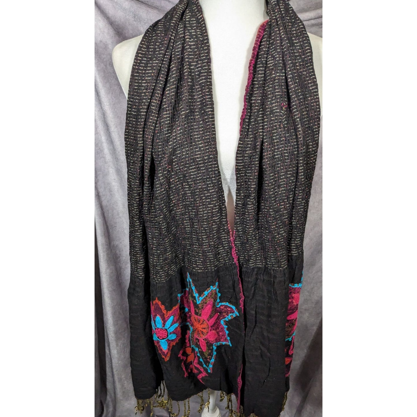 Vintage Bohemian Grey And Pink Floral Embroidered Scarf
