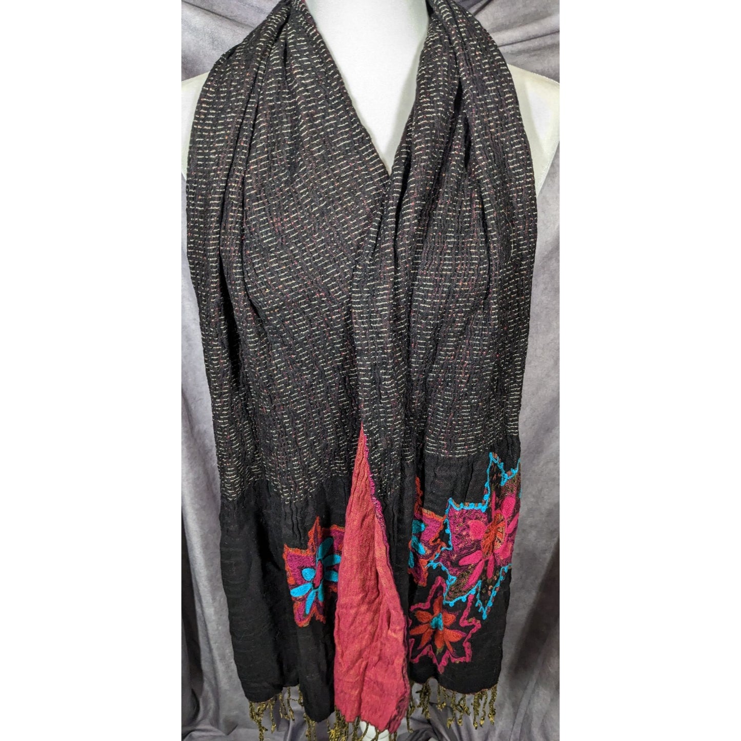 Vintage Bohemian Grey And Pink Floral Embroidered Scarf
