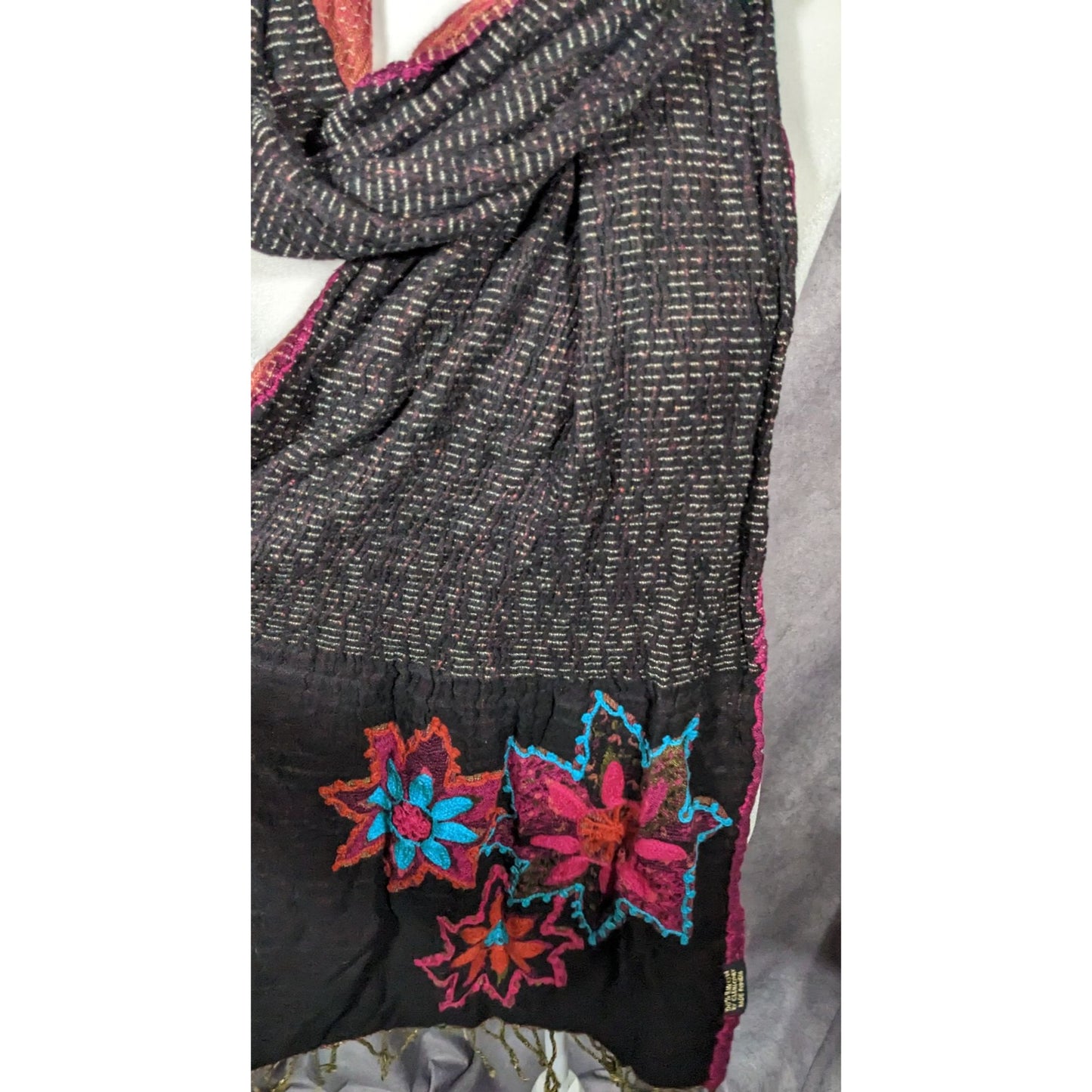 Vintage Bohemian Grey And Pink Floral Embroidered Scarf