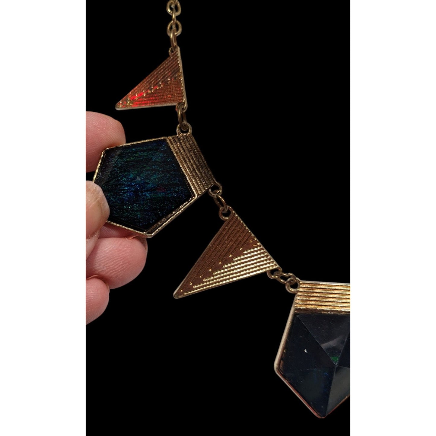 Modern Geometric Gold And Dark Blue Statement Necklace