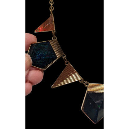 Modern Geometric Gold And Dark Blue Statement Necklace