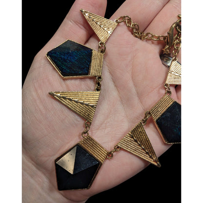 Modern Geometric Gold And Dark Blue Statement Necklace