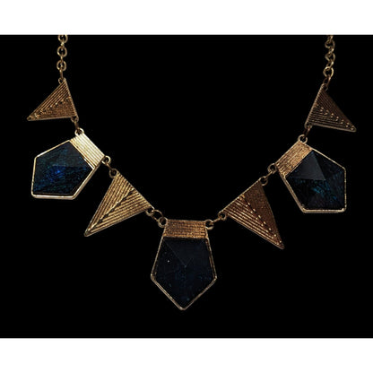 Modern Geometric Gold And Dark Blue Statement Necklace
