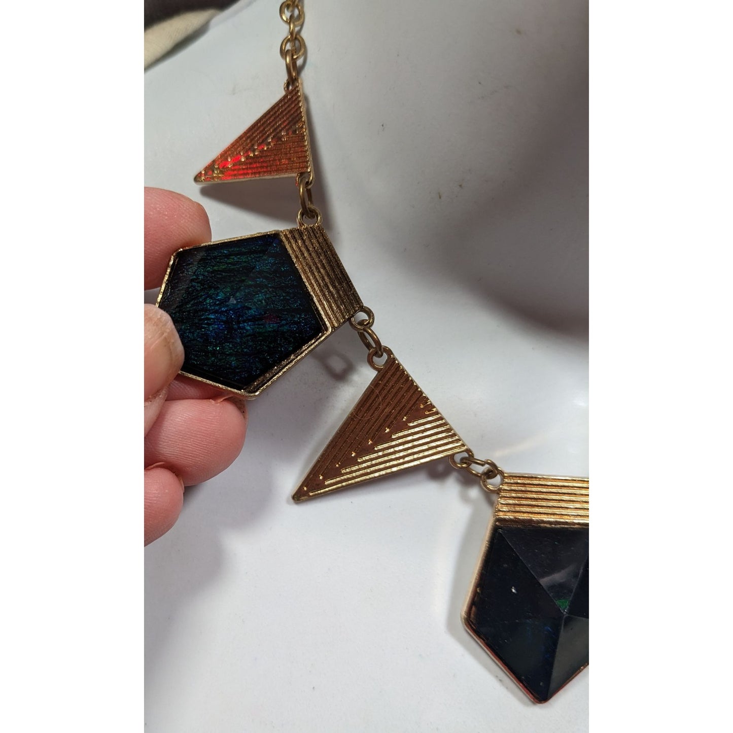 Modern Geometric Gold And Dark Blue Statement Necklace