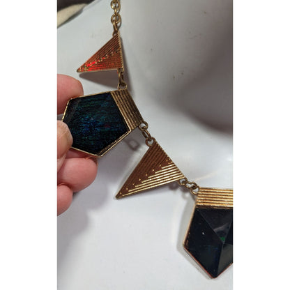 Modern Geometric Gold And Dark Blue Statement Necklace