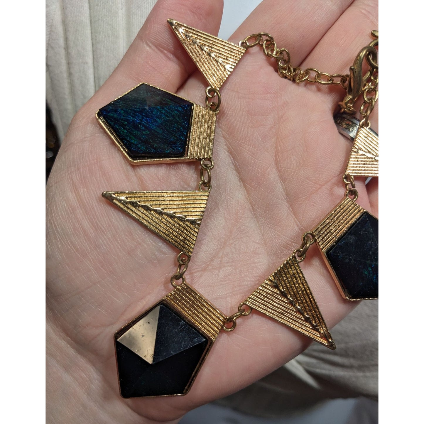 Modern Geometric Gold And Dark Blue Statement Necklace
