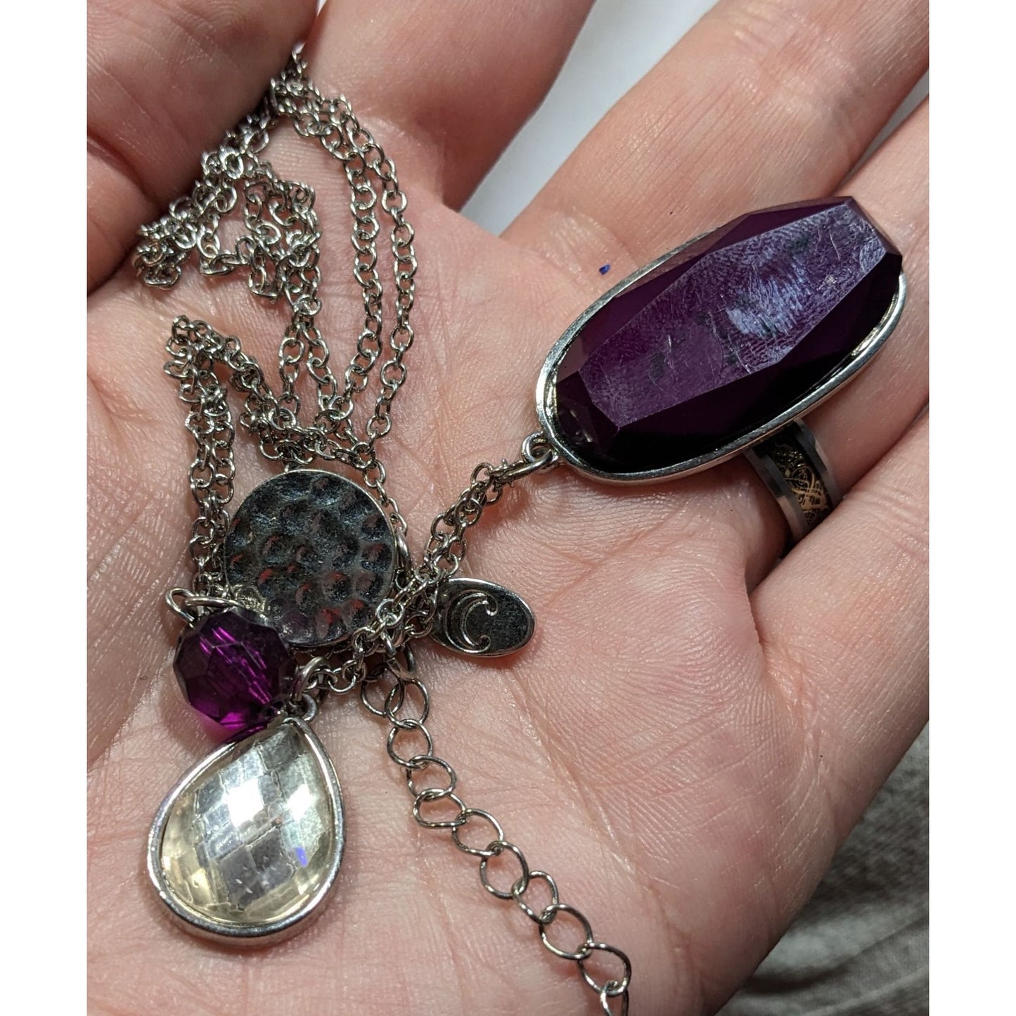 Charming Charlie Purple And Silver Tone Charm Cluster Pendant Necklace