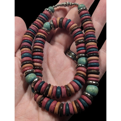 Retro Bohemian Rainbow Wood Disc Beaded Necklace