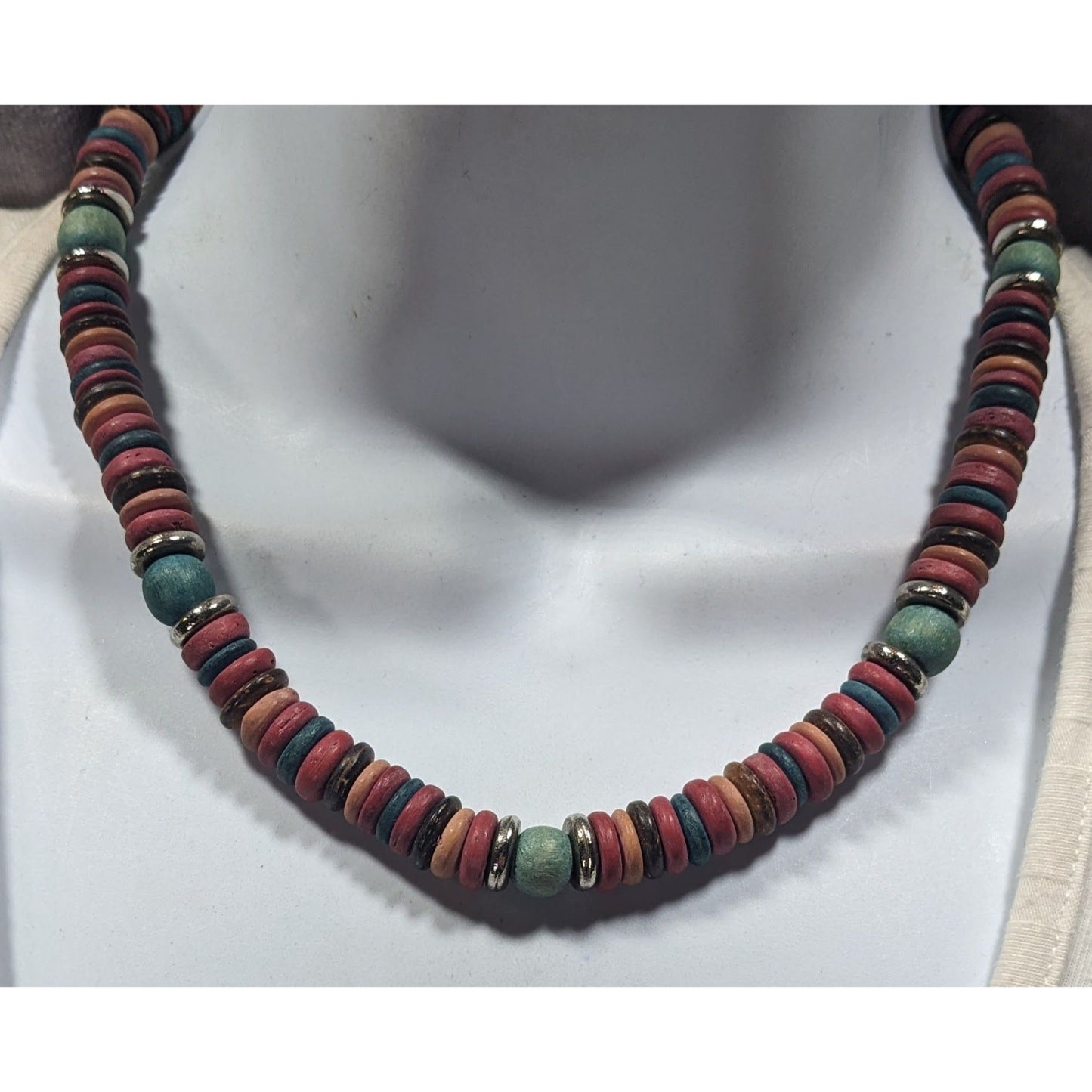 Retro Bohemian Rainbow Wood Disc Beaded Necklace