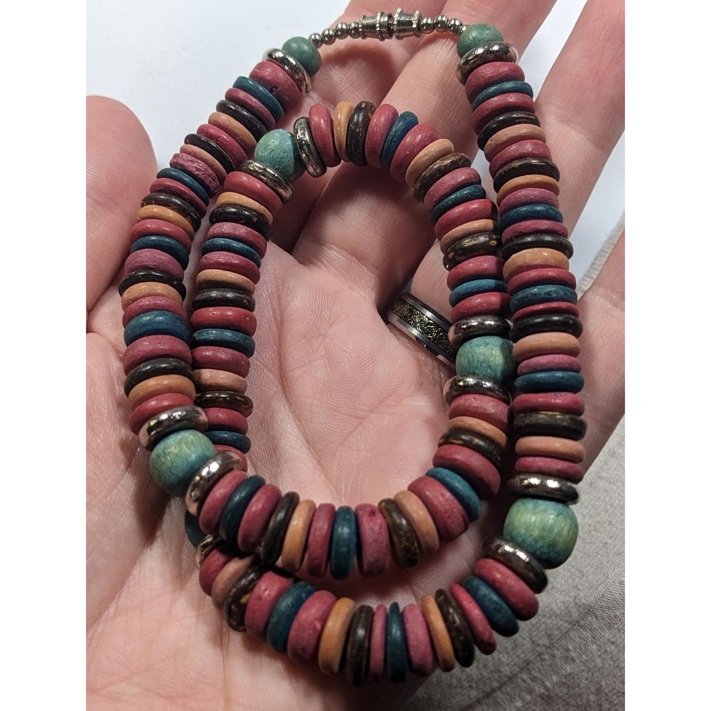 Retro Bohemian Rainbow Wood Disc Beaded Necklace