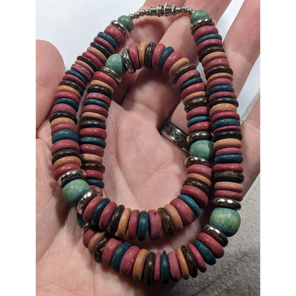 Retro Bohemian Rainbow Wood Disc Beaded Necklace