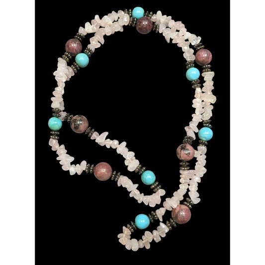 Vintage Handmade Rose Quartz Turquoise And Agate Beaded Necklace