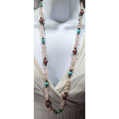 Vintage Handmade Rose Quartz Turquoise And Agate Beaded Necklace