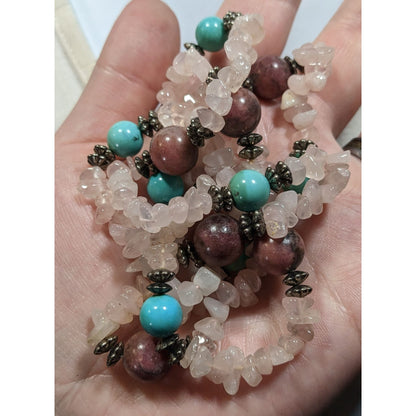 Vintage Handmade Rose Quartz Turquoise And Agate Beaded Necklace