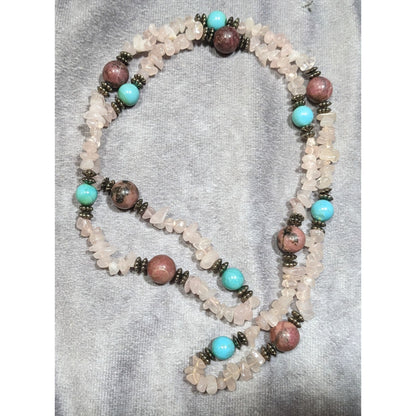 Vintage Handmade Rose Quartz Turquoise And Agate Beaded Necklace