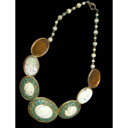 Vintage Carved Stone Beaded Cabochon Necklace